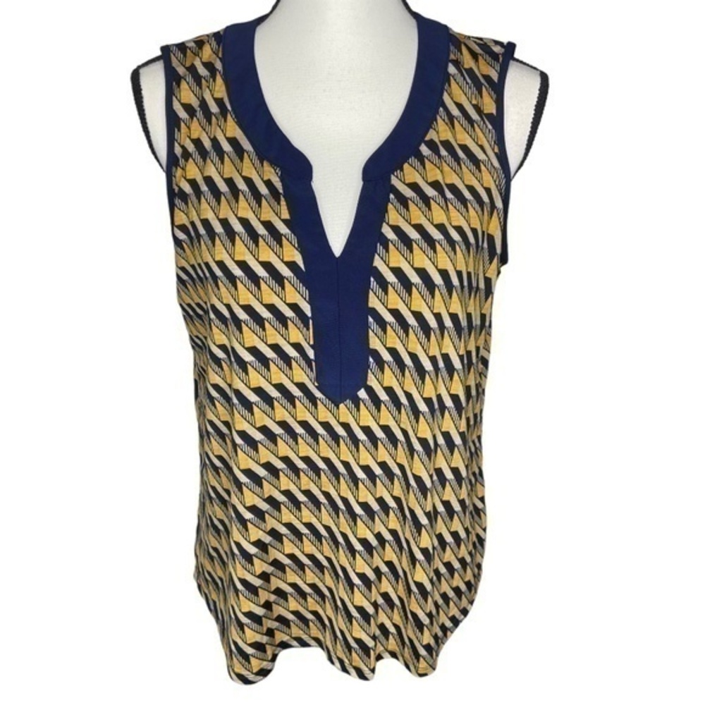 Naif Top Navy Blue Yellow Tan Geometric Print‎ Sleeveless Blouse Top Size M